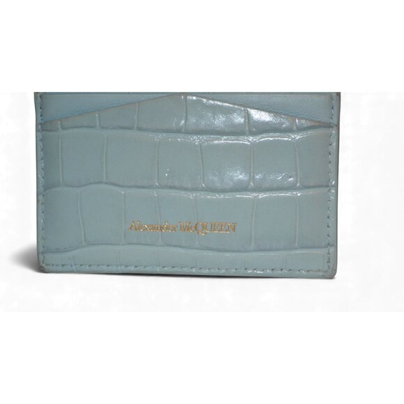 Alexander McQueen Sky Blue Croc Embossed Leather Skull Card Holder - Picture 3 of 4